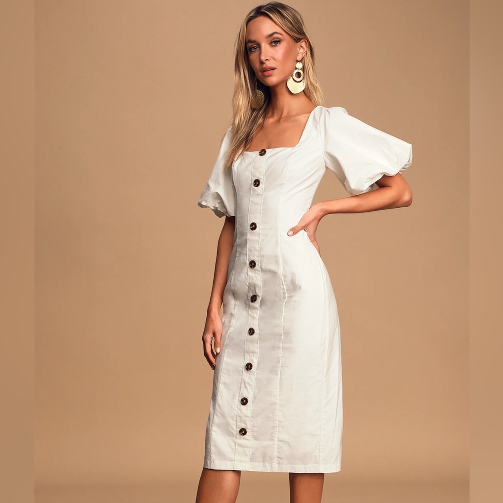Lulu's White Buttoned Puff Sleeve Sundress